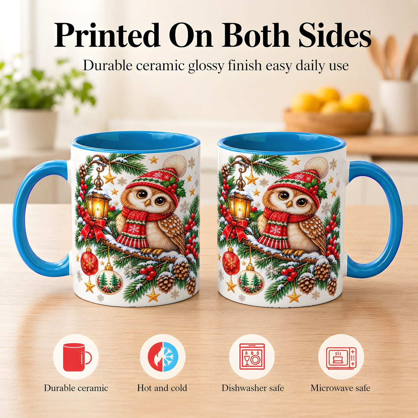 #pl[11oz|Blue] Cozy Christmas Owl Coffee Mug, Lantern Owl Mug, Ceramic Cup