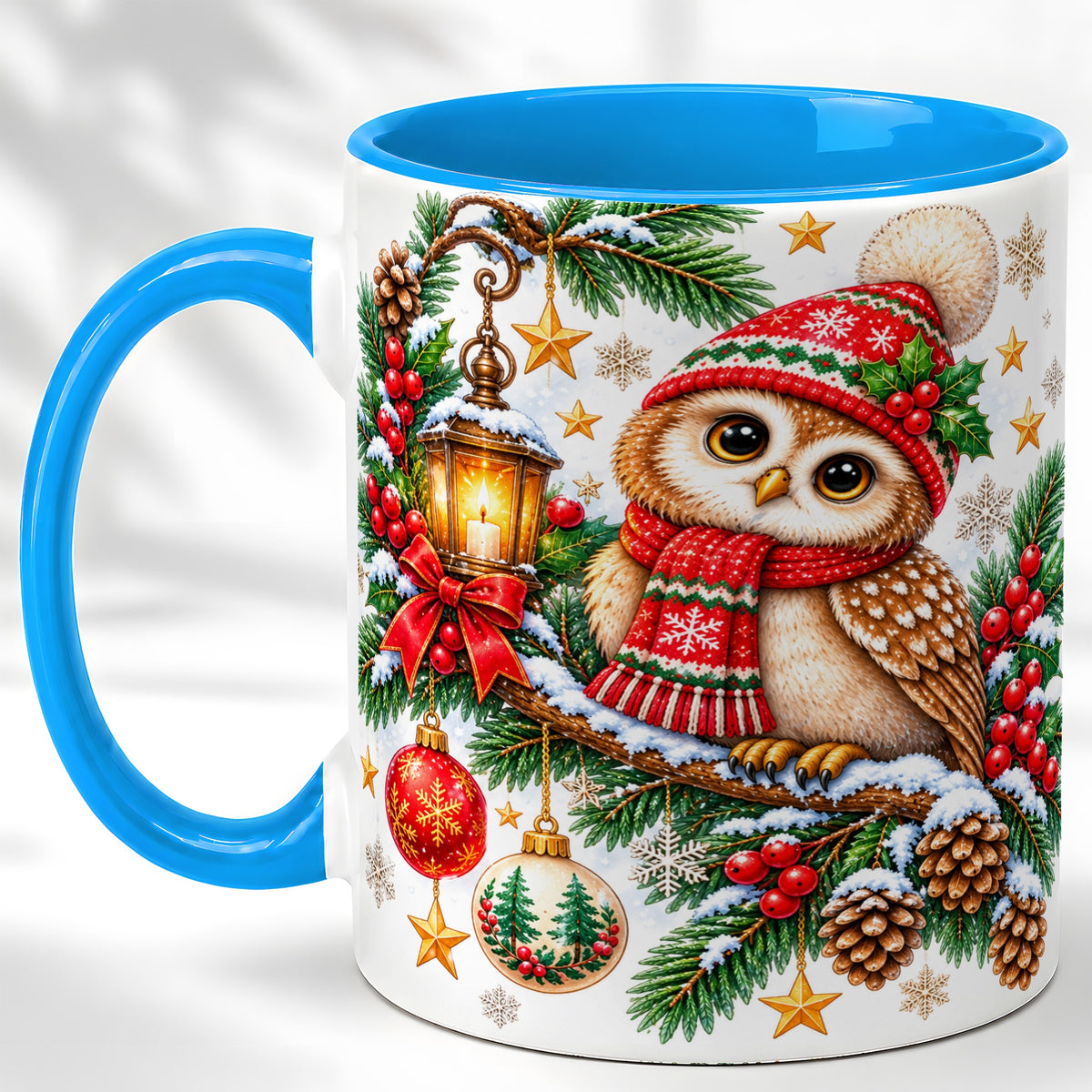 #pl[11oz|Blue] Cozy Christmas Owl Coffee Mug, Lantern Owl Mug, Ceramic Cup