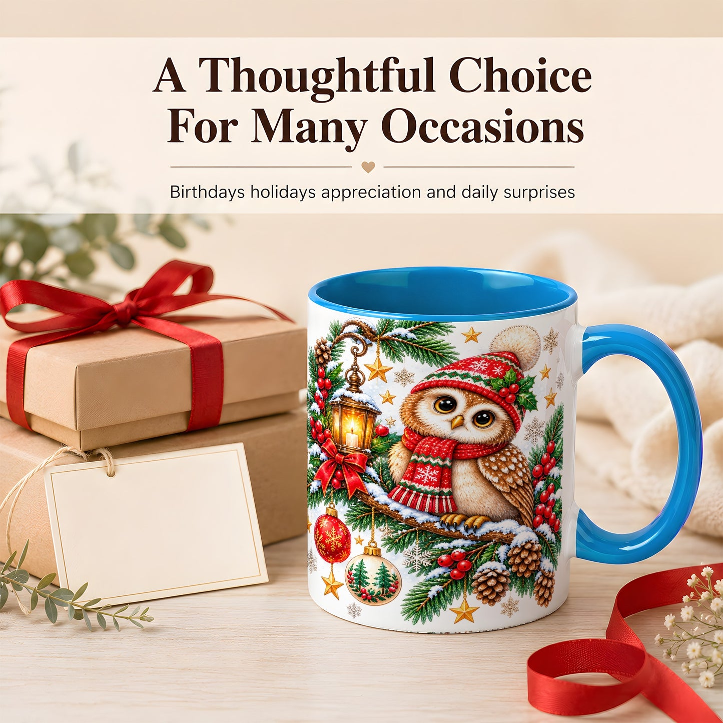 #pl[11oz|Blue] Cozy Christmas Owl Coffee Mug, Lantern Owl Mug, Ceramic Cup