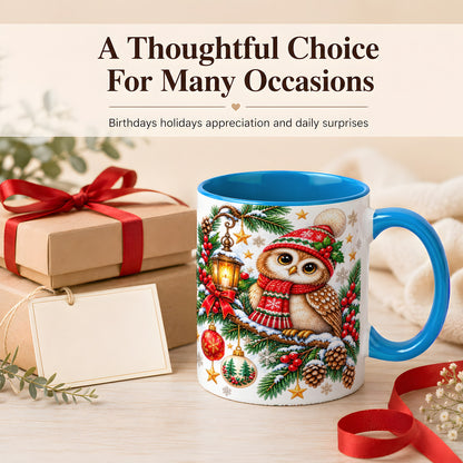 #pl[11oz|Blue] Cozy Christmas Owl Coffee Mug, Lantern Owl Mug, Ceramic Cup