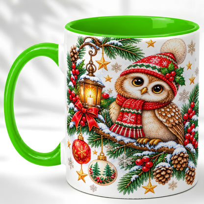 #pl[11oz|Green] Cozy Christmas Owl Coffee Mug, Lantern Owl Mug, Ceramic Cup