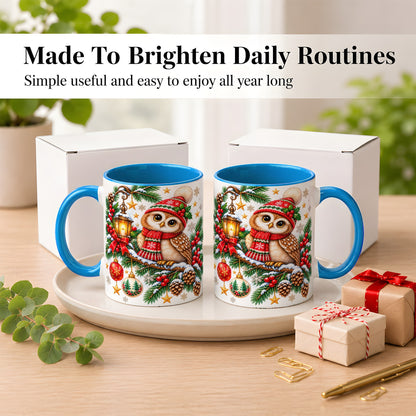 #pl[11oz|Blue] Cozy Christmas Owl Coffee Mug, Lantern Owl Mug, Ceramic Cup