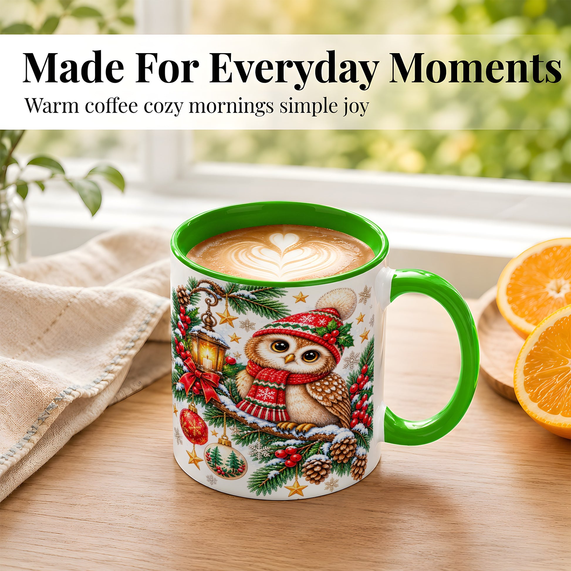 #pl[11oz|Green] Cozy Christmas Owl Coffee Mug, Lantern Owl Mug, Ceramic Cup