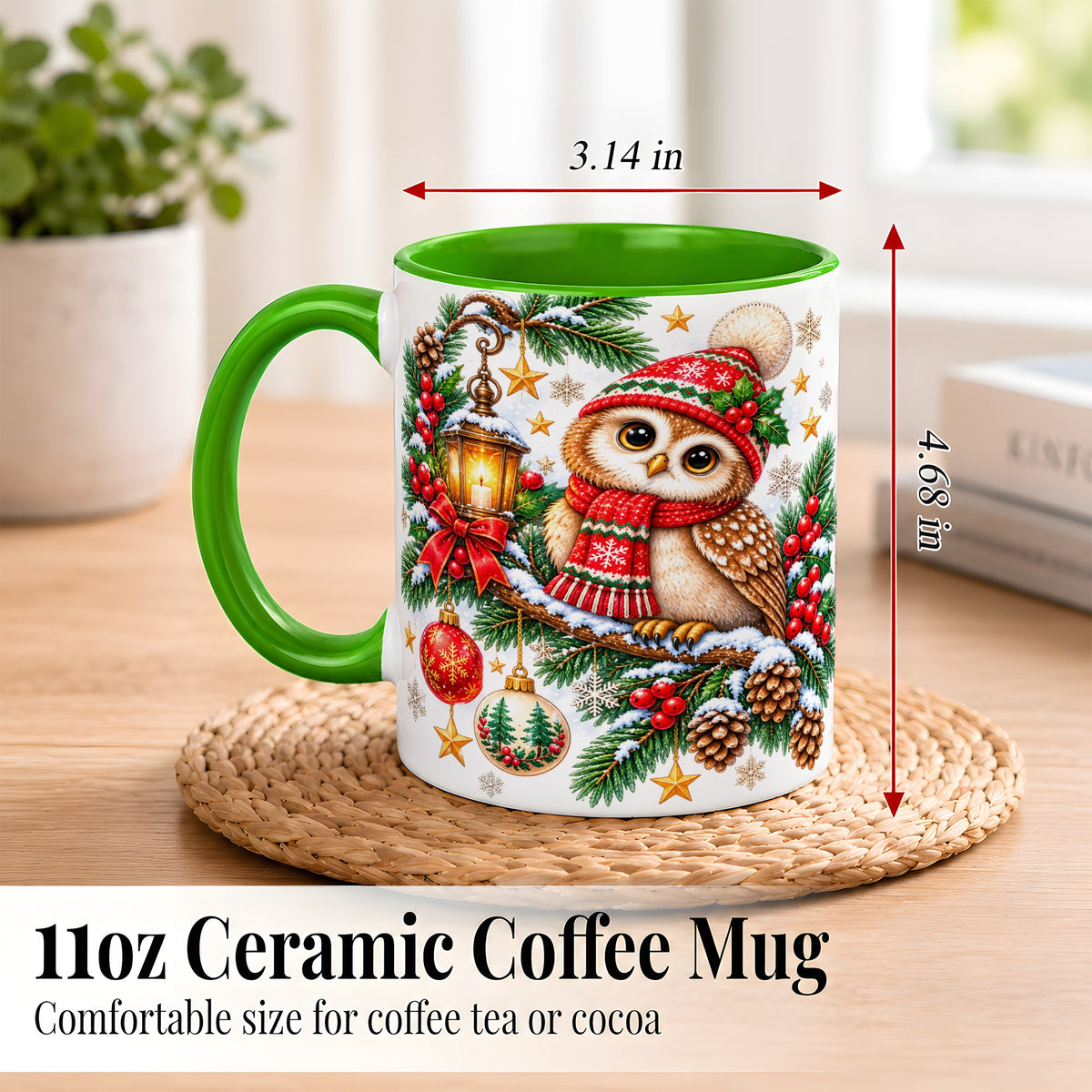 #pl[11oz|Green] Cozy Christmas Owl Coffee Mug, Lantern Owl Mug, Ceramic Cup
