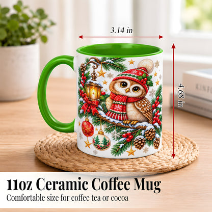 #pl[11oz|Green] Cozy Christmas Owl Coffee Mug, Lantern Owl Mug, Ceramic Cup