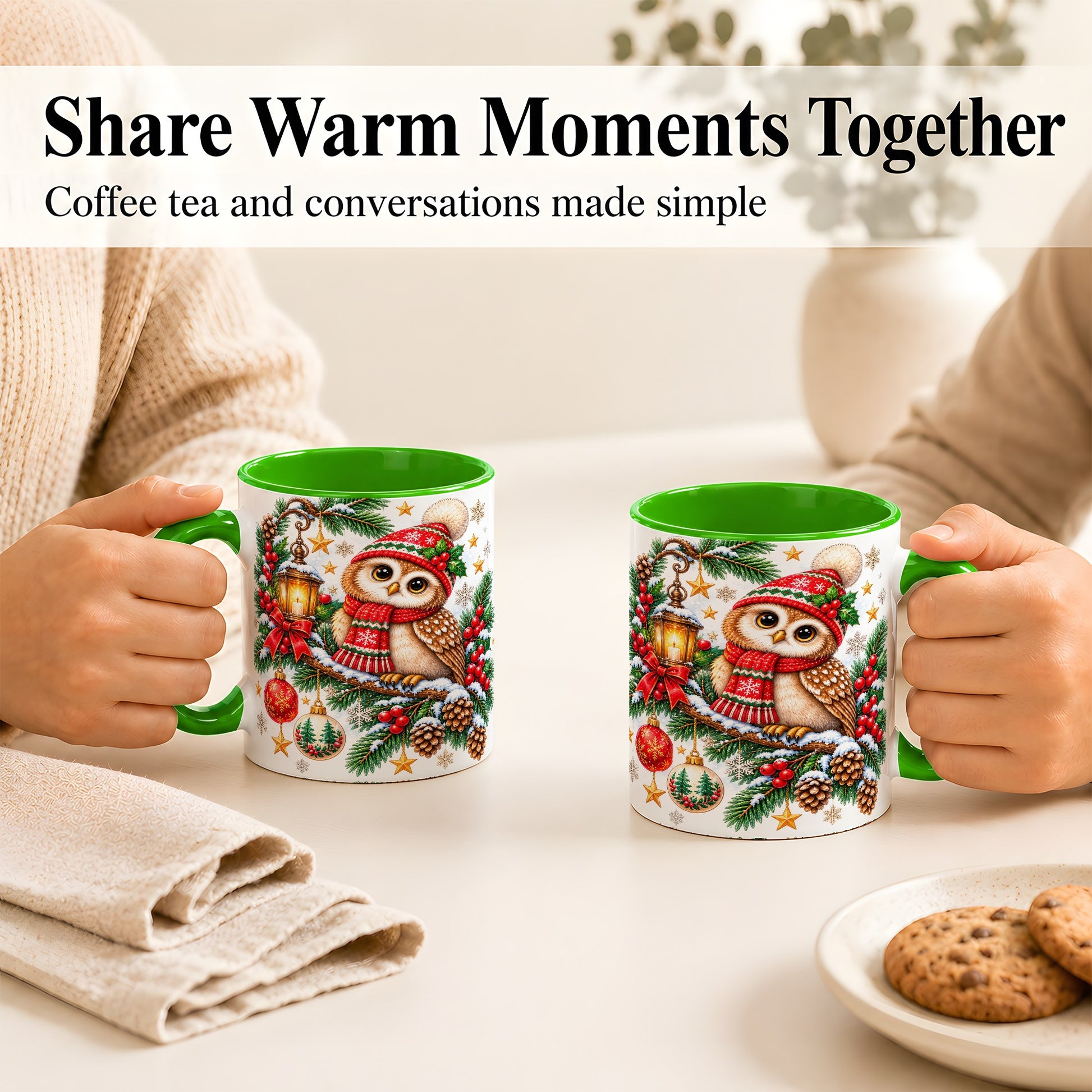 #pl[11oz|Green] Cozy Christmas Owl Coffee Mug, Lantern Owl Mug, Ceramic Cup