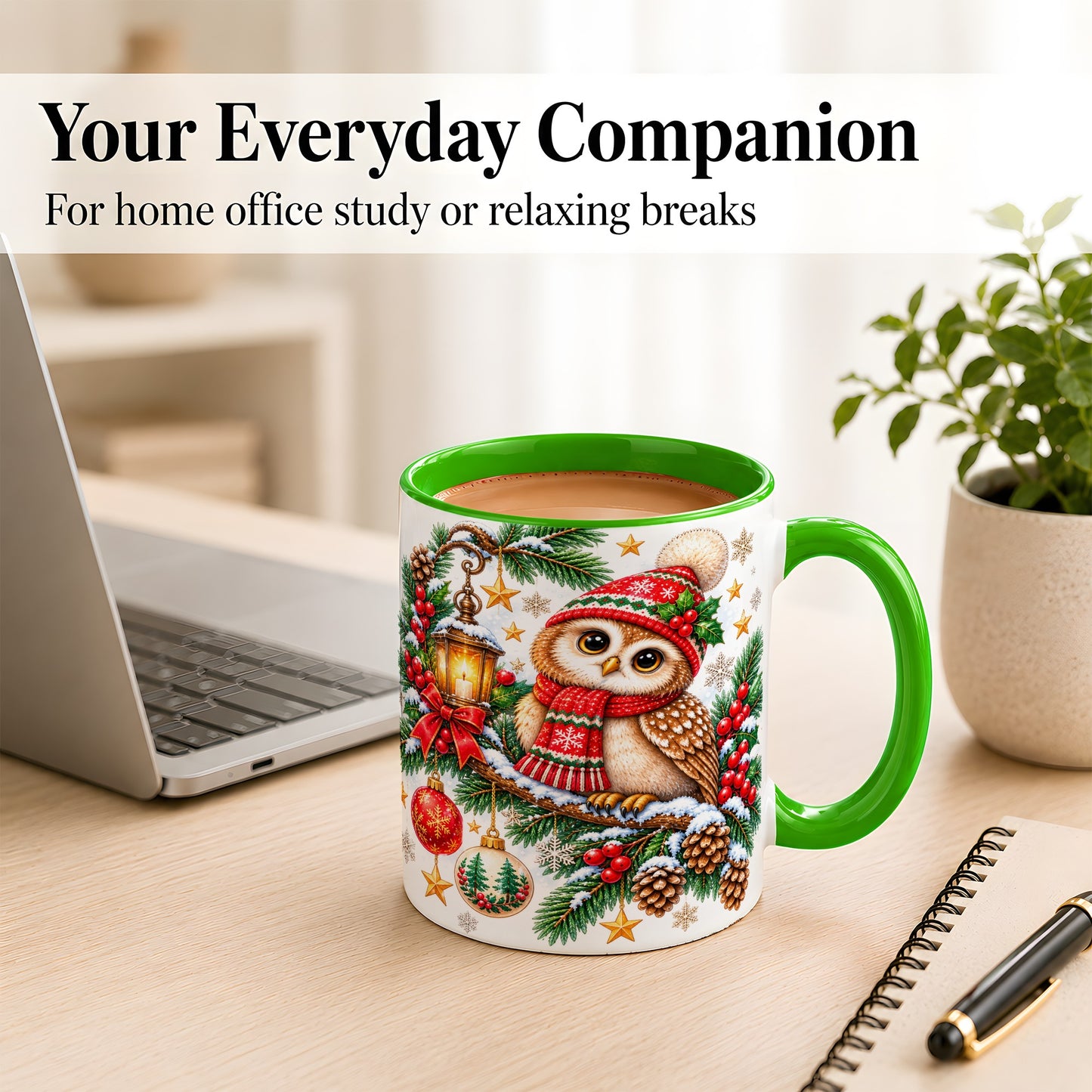 #pl[11oz|Green] Cozy Christmas Owl Coffee Mug, Lantern Owl Mug, Ceramic Cup