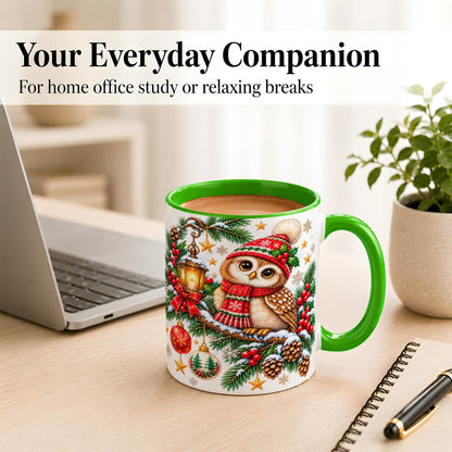 #pl[11oz|Green] Cozy Christmas Owl Coffee Mug, Lantern Owl Mug, Ceramic Cup