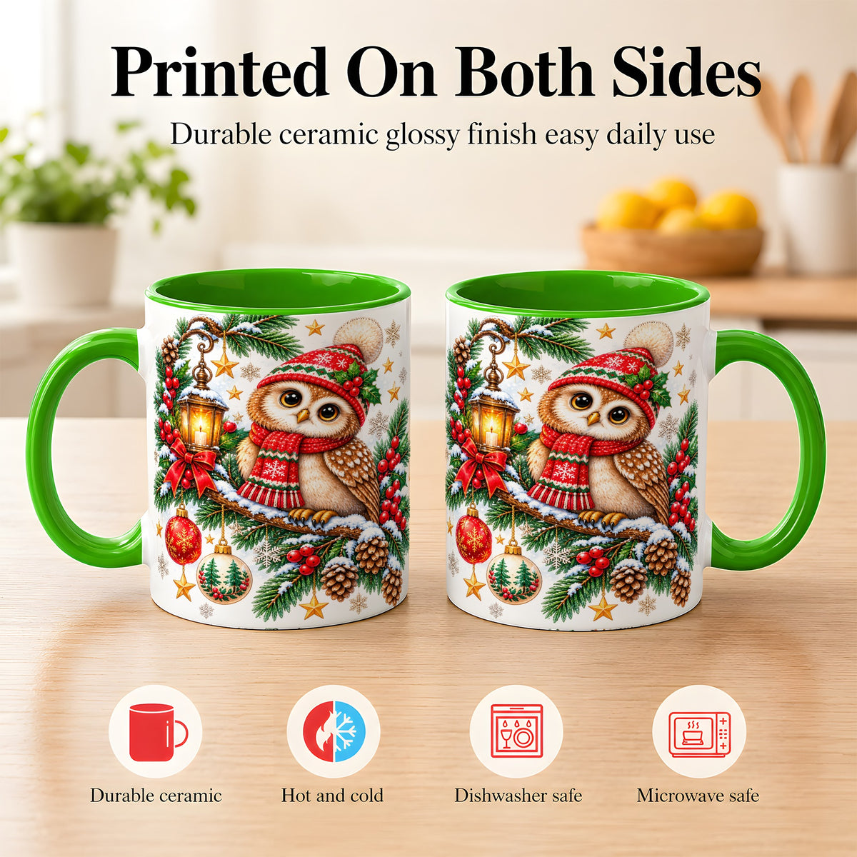 #pl[11oz|Green] Cozy Christmas Owl Coffee Mug, Lantern Owl Mug, Ceramic Cup
