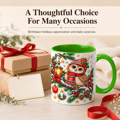 #pl[11oz|Green] Cozy Christmas Owl Coffee Mug, Lantern Owl Mug, Ceramic Cup