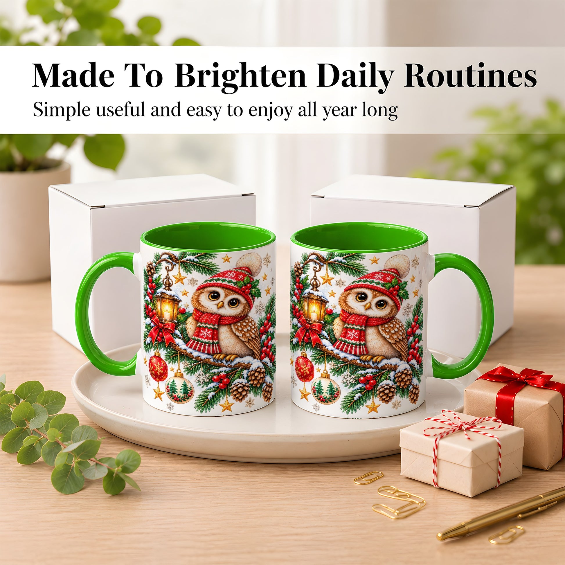 #pl[11oz|Green] Cozy Christmas Owl Coffee Mug, Lantern Owl Mug, Ceramic Cup