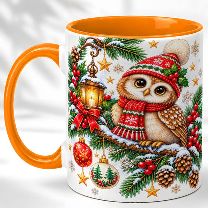 #pl[11oz|Orange] Cozy Christmas Owl Coffee Mug, Lantern Owl Mug, Ceramic Cup