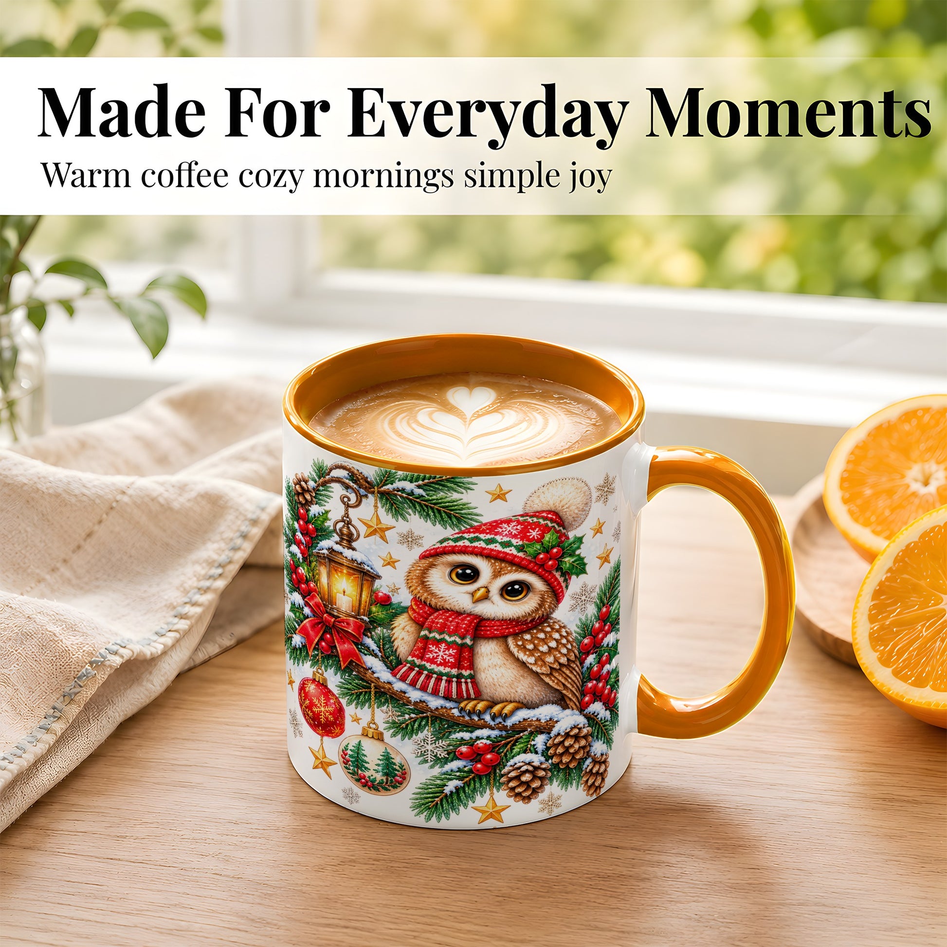 #pl[11oz|Orange] Cozy Christmas Owl Coffee Mug, Lantern Owl Mug, Ceramic Cup