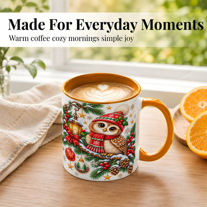 #pl[11oz|Orange] Cozy Christmas Owl Coffee Mug, Lantern Owl Mug, Ceramic Cup