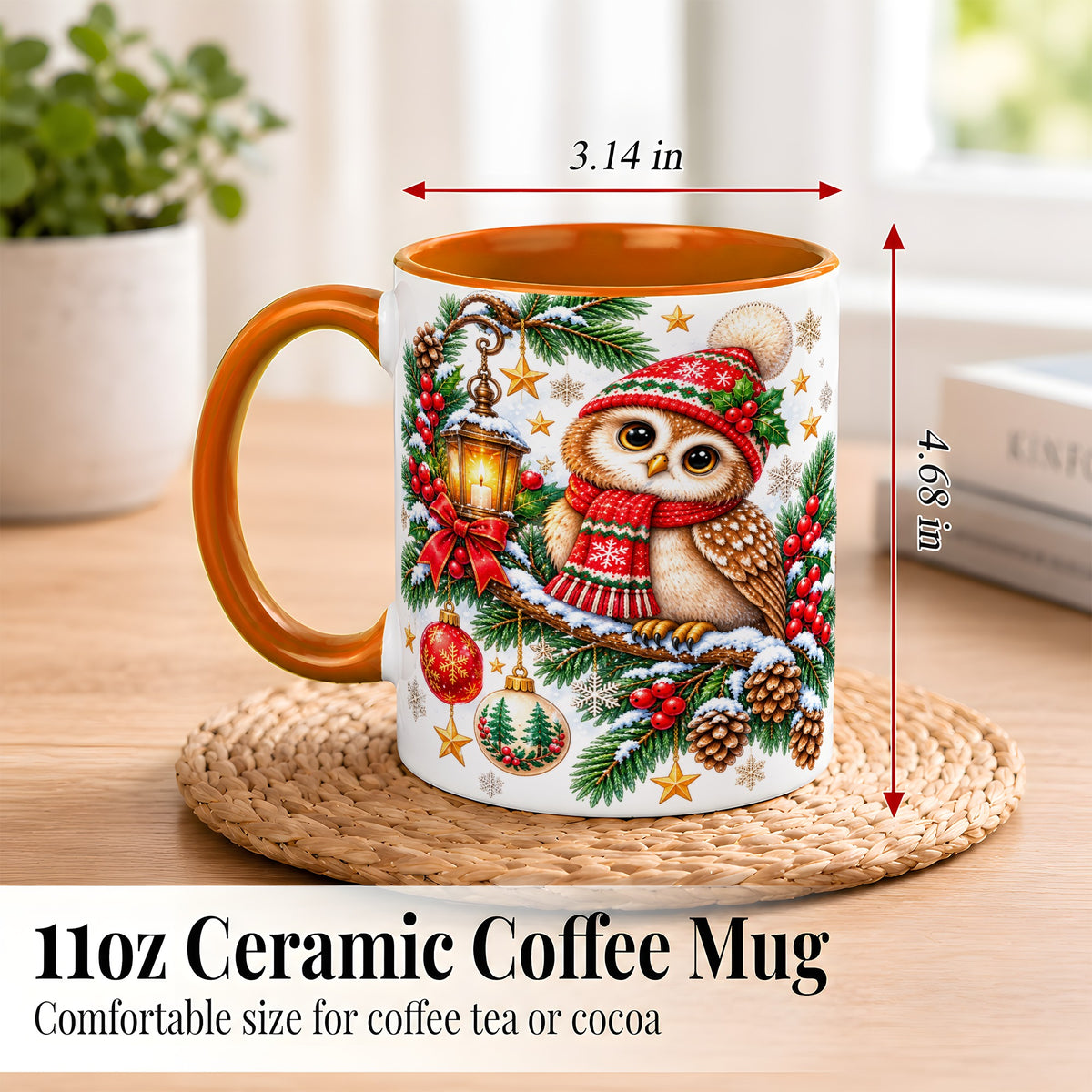 #pl[11oz|Orange] Cozy Christmas Owl Coffee Mug, Lantern Owl Mug, Ceramic Cup