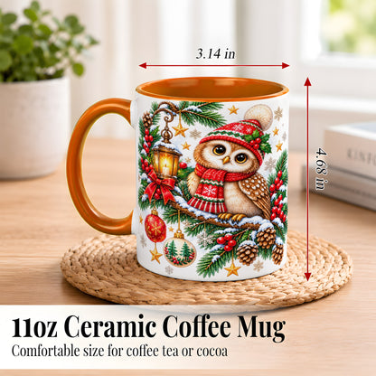 #pl[11oz|Orange] Cozy Christmas Owl Coffee Mug, Lantern Owl Mug, Ceramic Cup