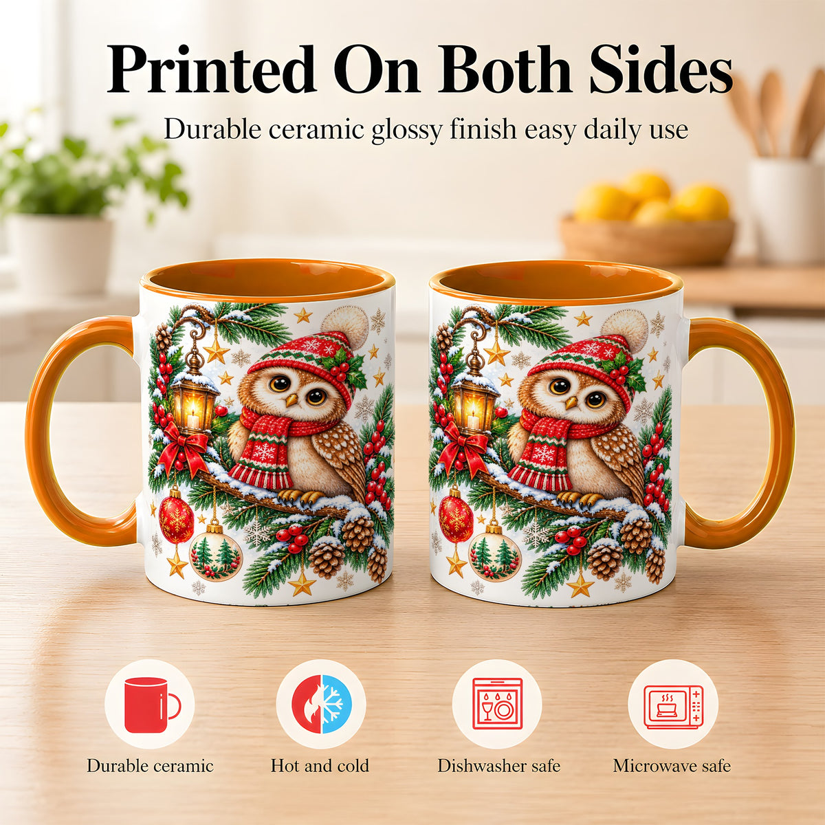 #pl[11oz|Orange] Cozy Christmas Owl Coffee Mug, Lantern Owl Mug, Ceramic Cup
