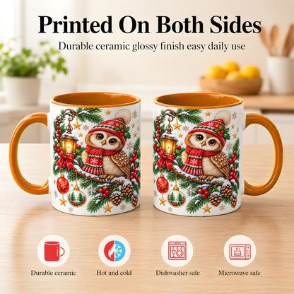 #pl[11oz|Orange] Cozy Christmas Owl Coffee Mug, Lantern Owl Mug, Ceramic Cup