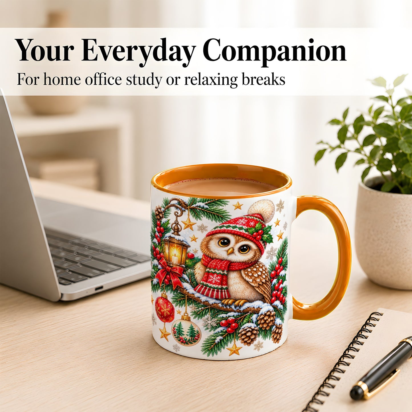 #pl[11oz|Orange] Cozy Christmas Owl Coffee Mug, Lantern Owl Mug, Ceramic Cup