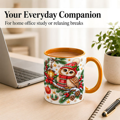 #pl[11oz|Orange] Cozy Christmas Owl Coffee Mug, Lantern Owl Mug, Ceramic Cup