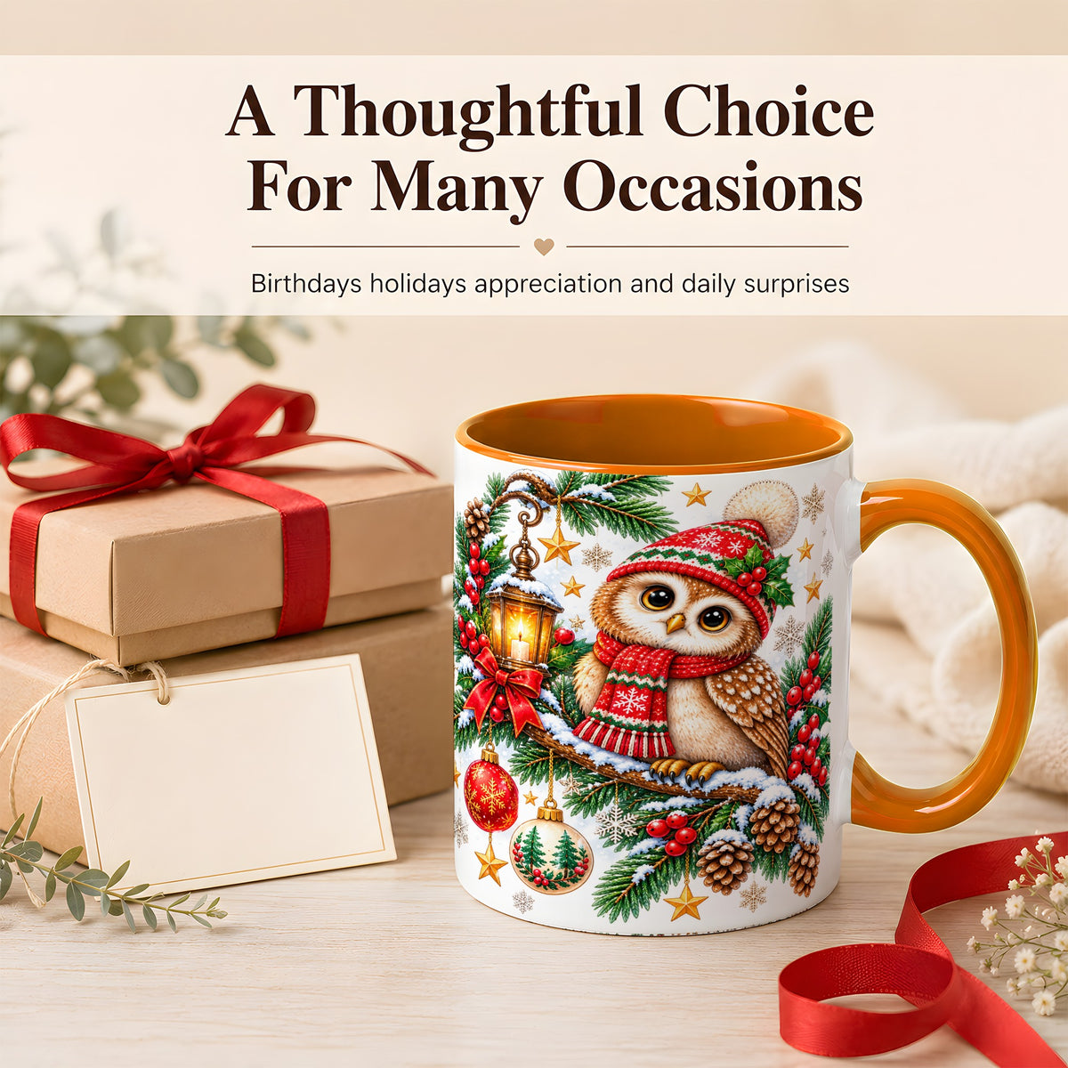 #pl[11oz|Orange] Cozy Christmas Owl Coffee Mug, Lantern Owl Mug, Ceramic Cup