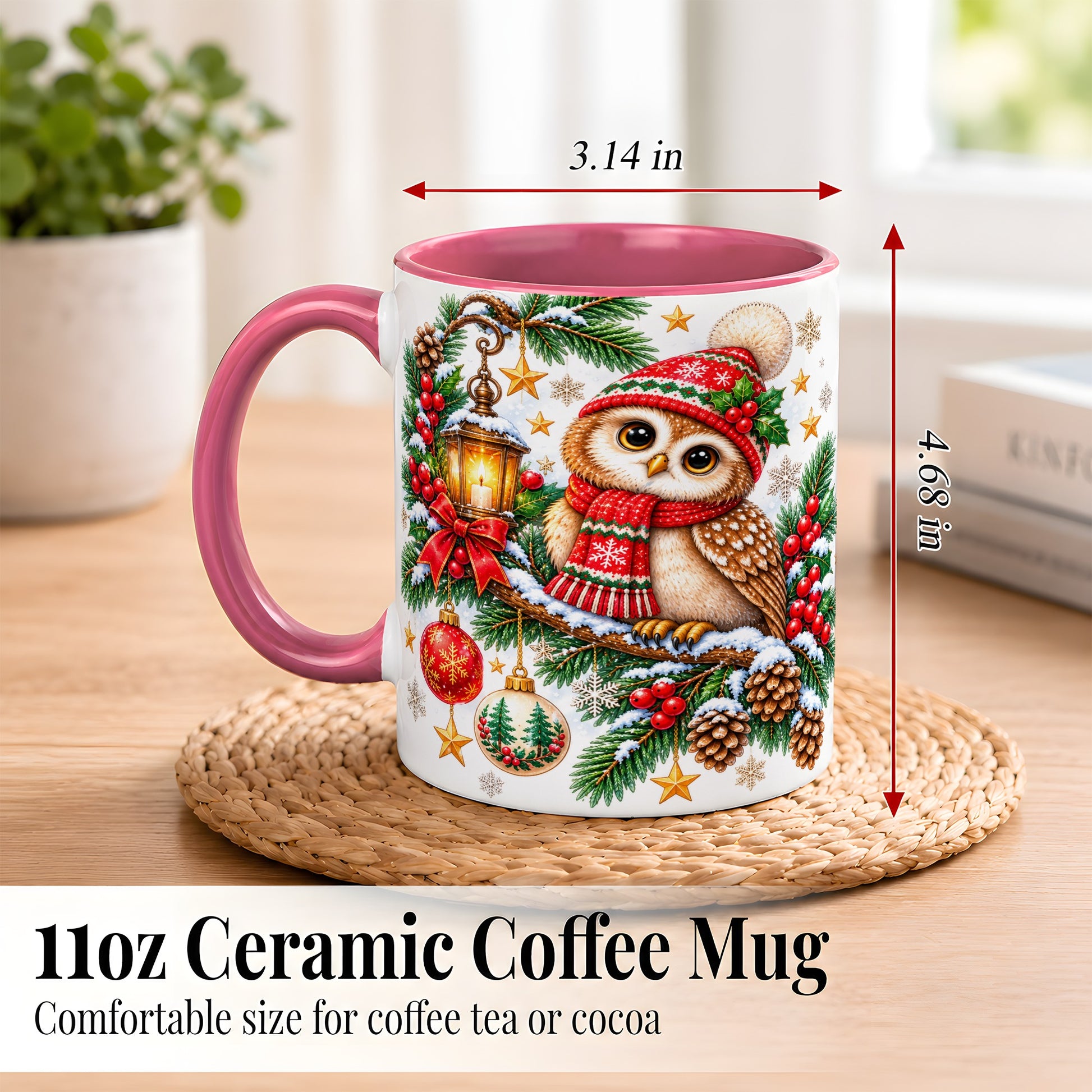 #pl[11oz|Pink] Cozy Christmas Owl Coffee Mug, Lantern Owl Mug, Ceramic Cup