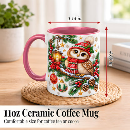#pl[11oz|Pink] Cozy Christmas Owl Coffee Mug, Lantern Owl Mug, Ceramic Cup