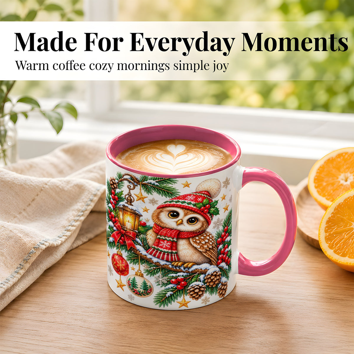 #pl[11oz|Pink] Cozy Christmas Owl Coffee Mug, Lantern Owl Mug, Ceramic Cup