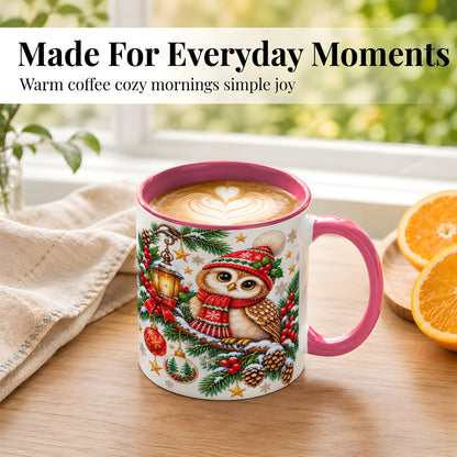 #pl[11oz|Pink] Cozy Christmas Owl Coffee Mug, Lantern Owl Mug, Ceramic Cup