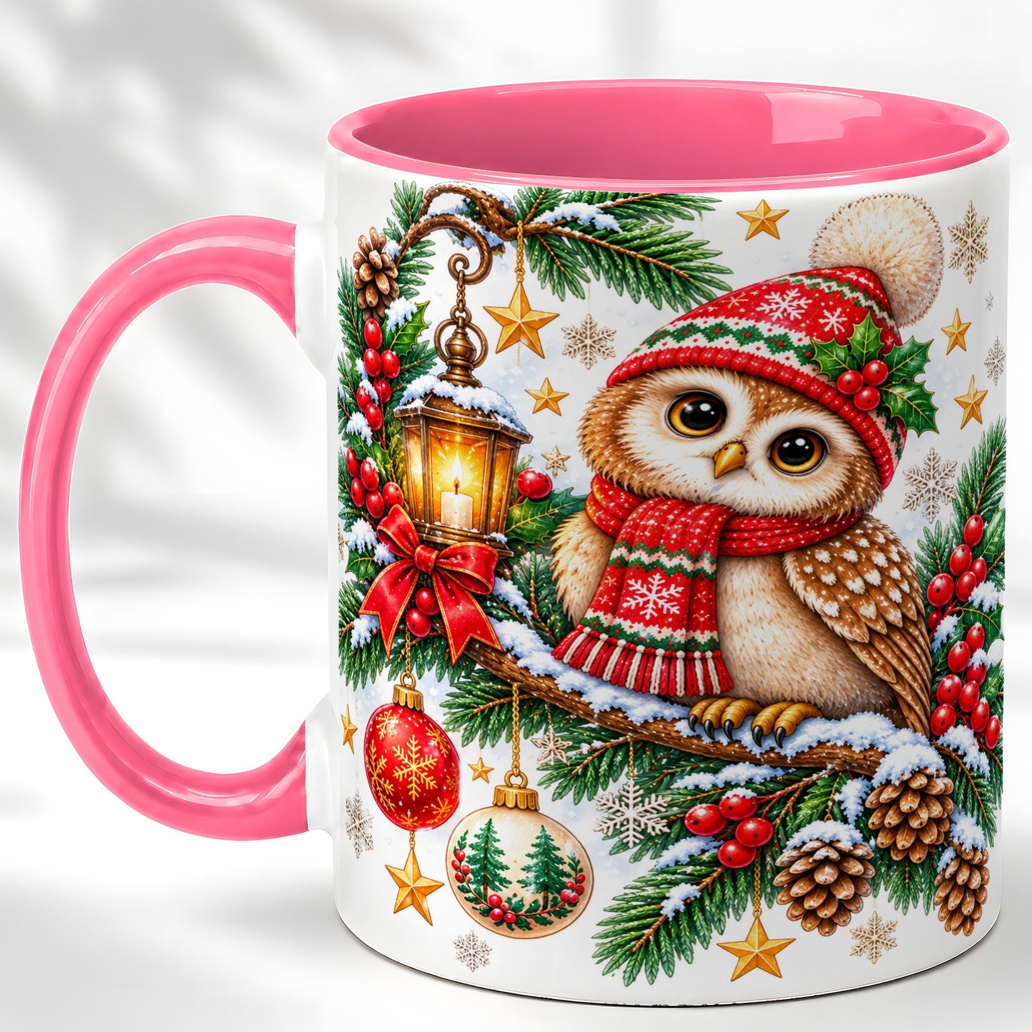 #pl[11oz|Pink] Cozy Christmas Owl Coffee Mug, Lantern Owl Mug, Ceramic Cup