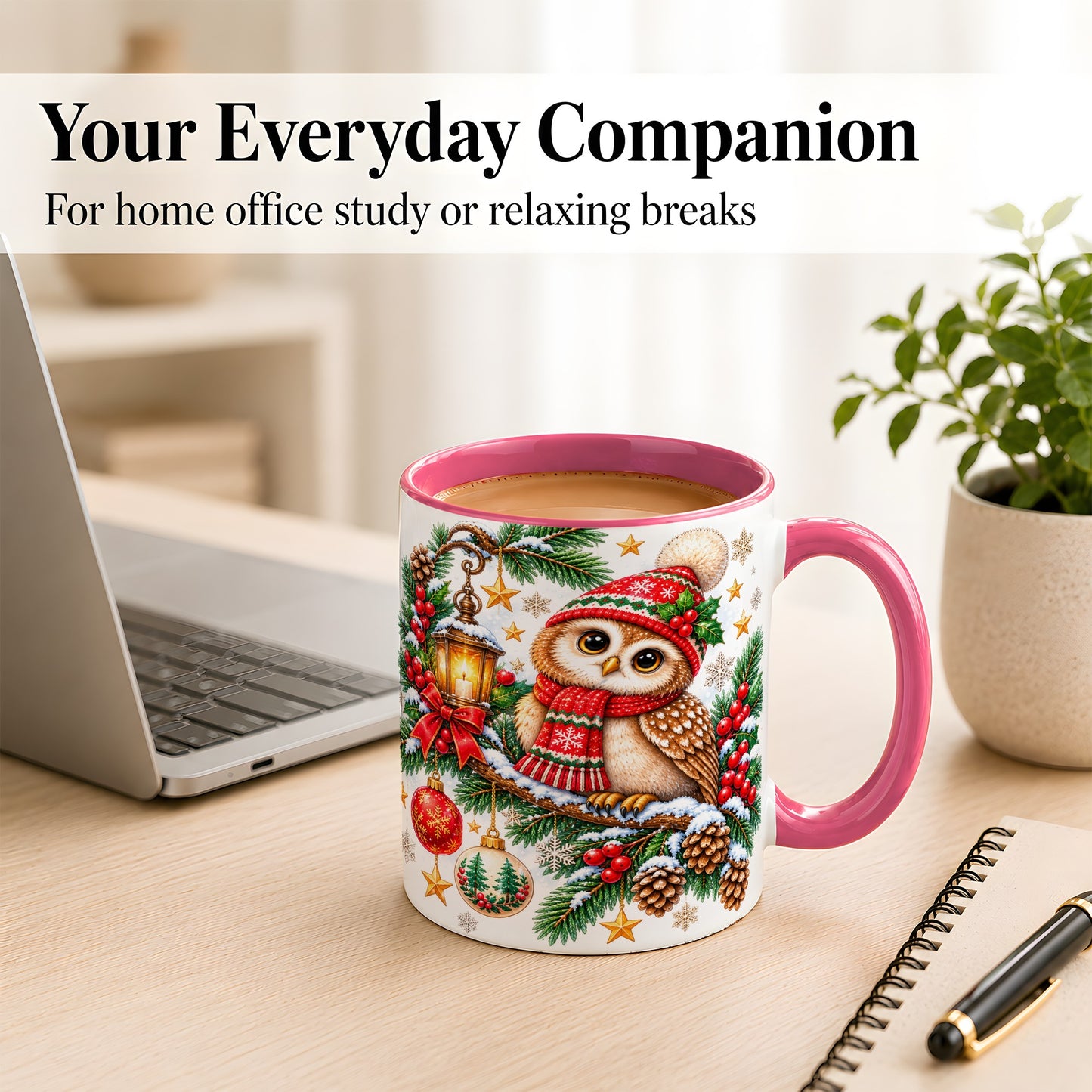#pl[11oz|Pink] Cozy Christmas Owl Coffee Mug, Lantern Owl Mug, Ceramic Cup