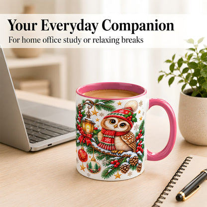 #pl[11oz|Pink] Cozy Christmas Owl Coffee Mug, Lantern Owl Mug, Ceramic Cup