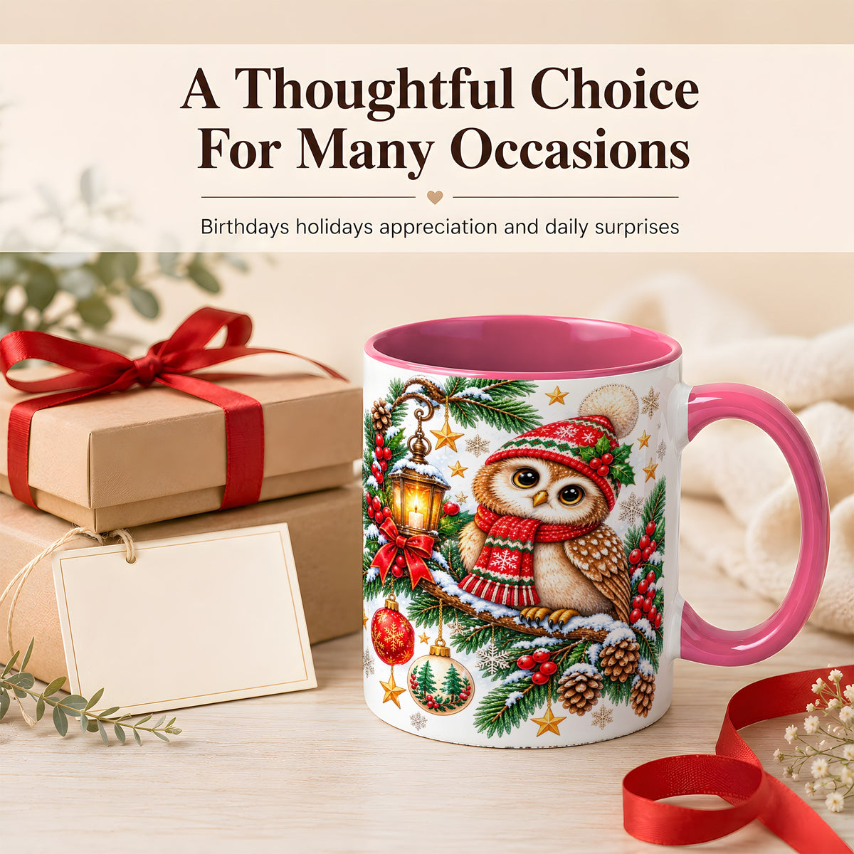 #pl[11oz|Pink] Cozy Christmas Owl Coffee Mug, Lantern Owl Mug, Ceramic Cup