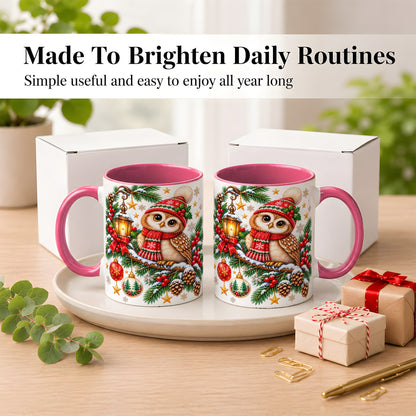 #pl[11oz|Pink] Cozy Christmas Owl Coffee Mug, Lantern Owl Mug, Ceramic Cup