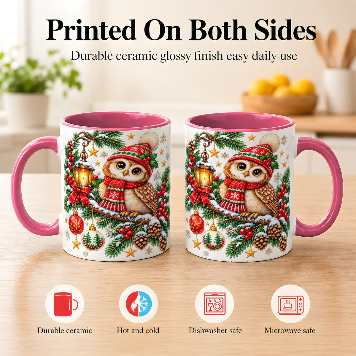#pl[11oz|Pink] Cozy Christmas Owl Coffee Mug, Lantern Owl Mug, Ceramic Cup