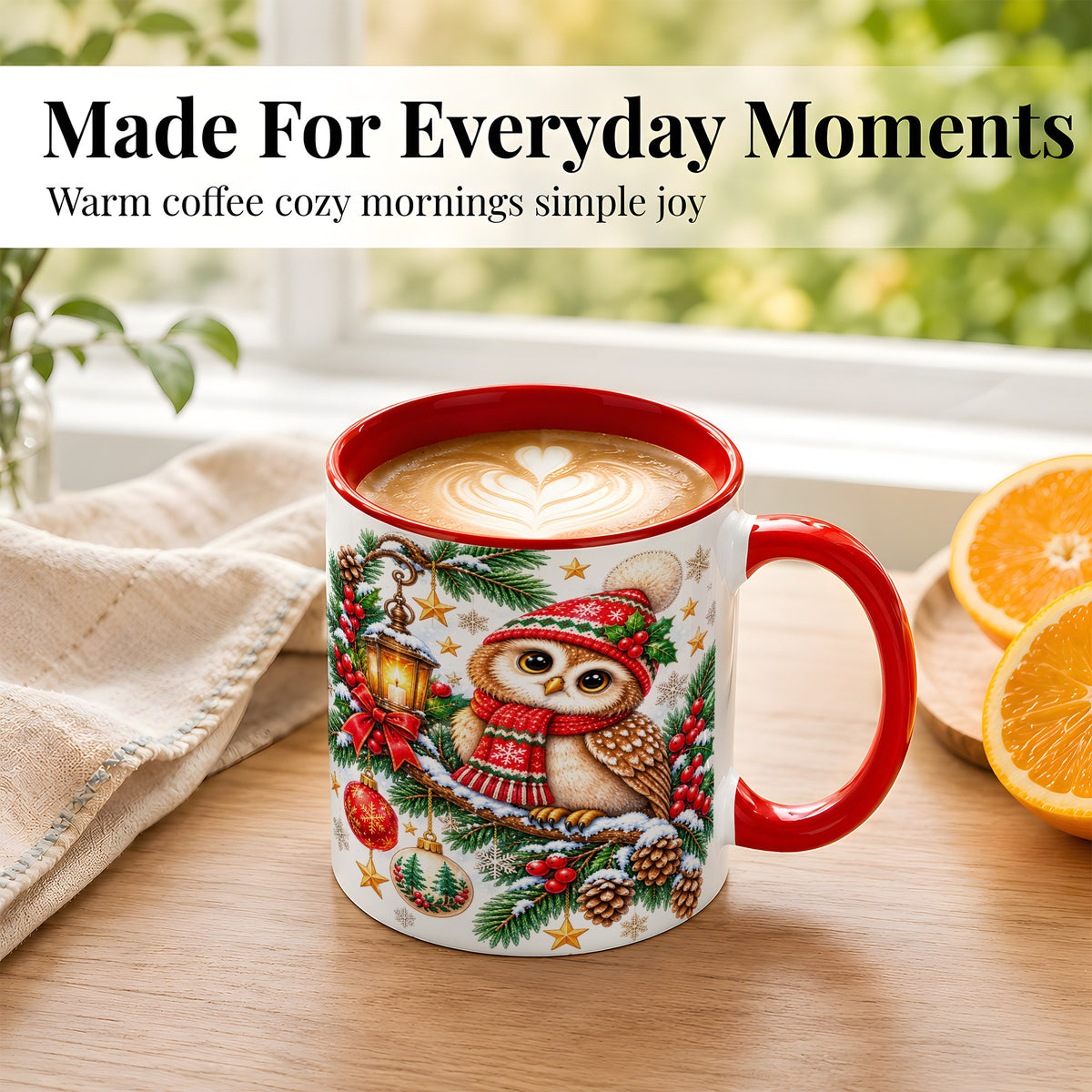 #pl[11oz|Red] Cozy Christmas Owl Coffee Mug, Lantern Owl Mug, Ceramic Cup
