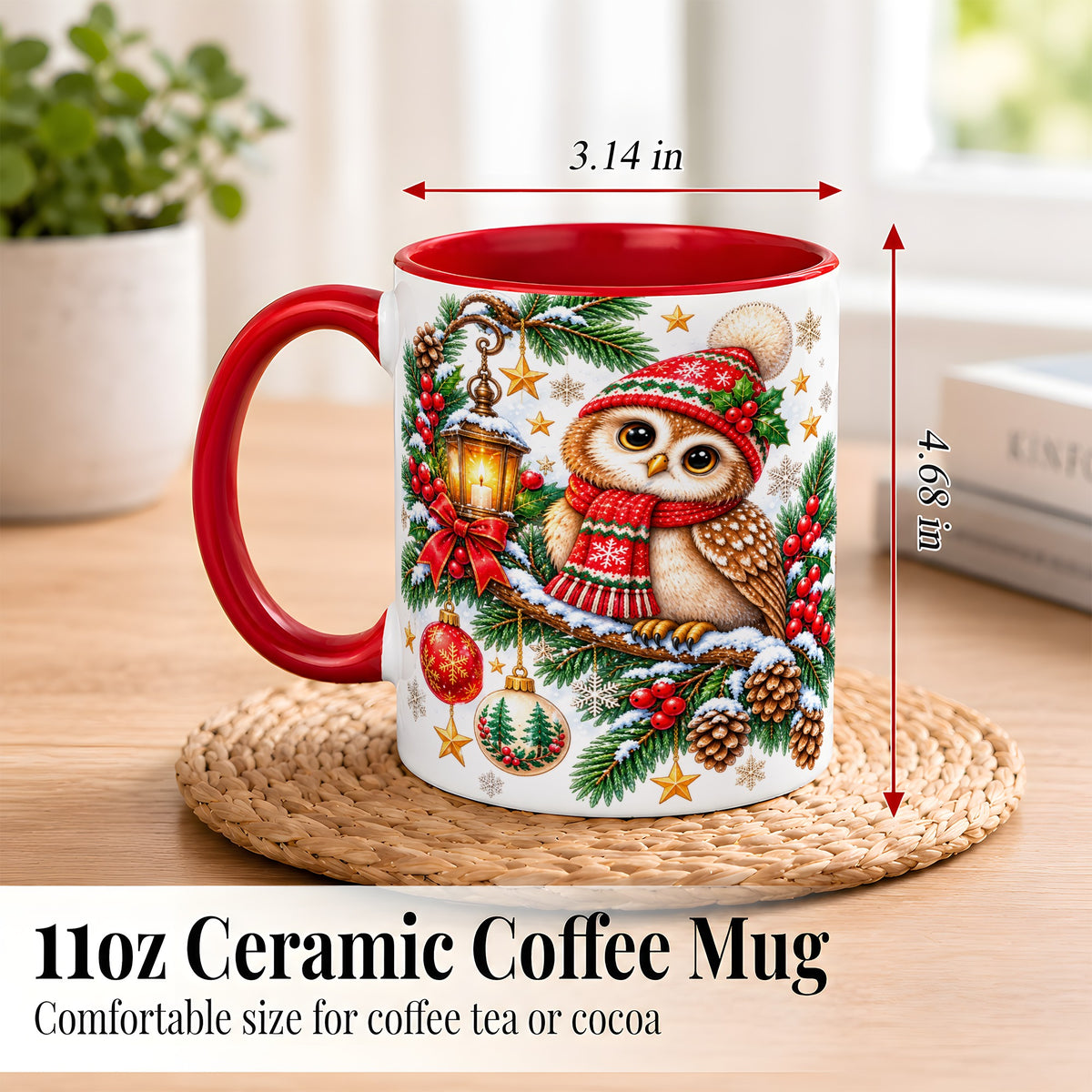 #pl[11oz|Red] Cozy Christmas Owl Coffee Mug, Lantern Owl Mug, Ceramic Cup