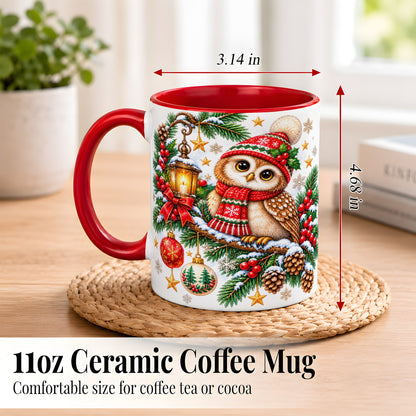 #pl[11oz|Red] Cozy Christmas Owl Coffee Mug, Lantern Owl Mug, Ceramic Cup