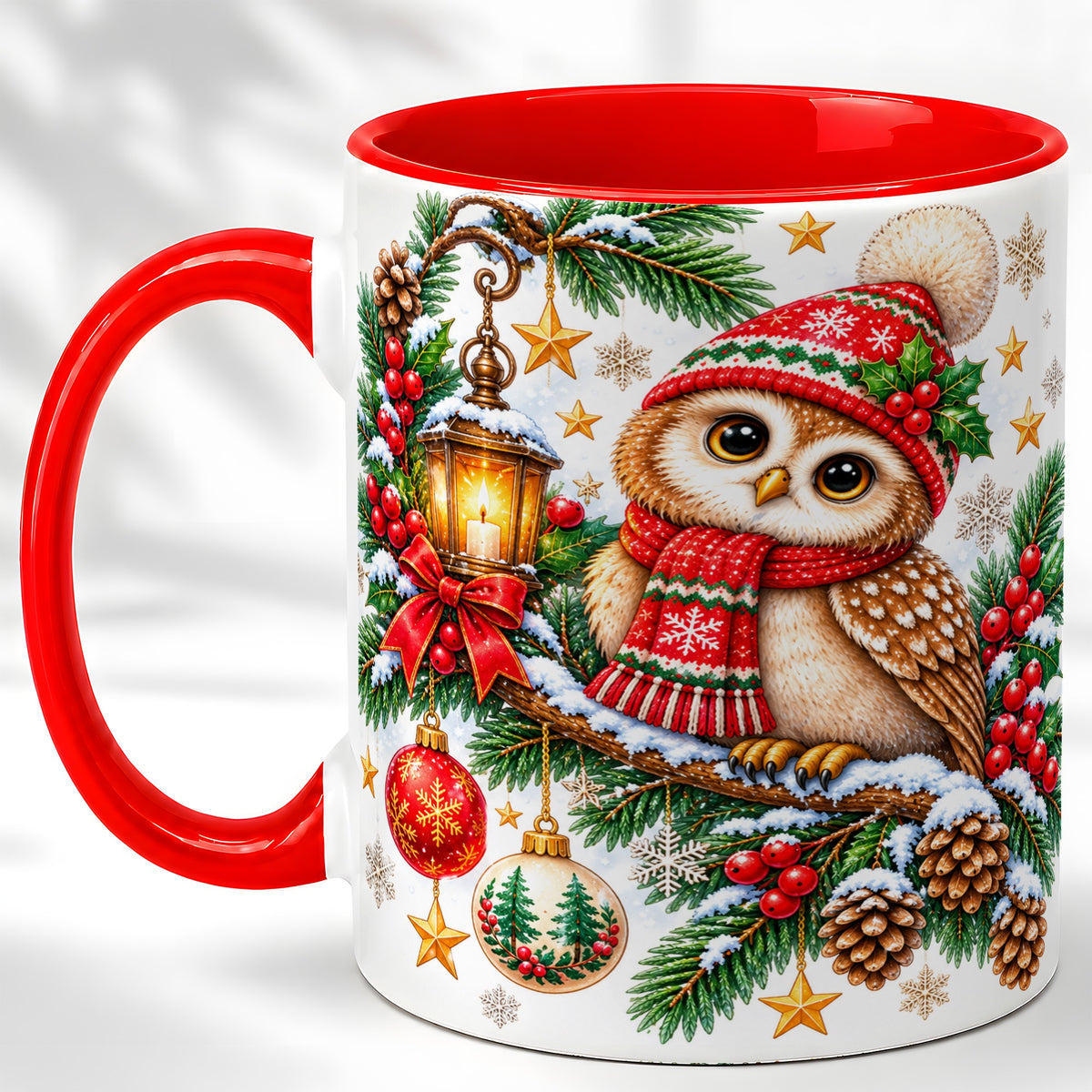 Cozy Christmas Owl Coffee Mug, Lantern Owl Mug, Ceramic Cup