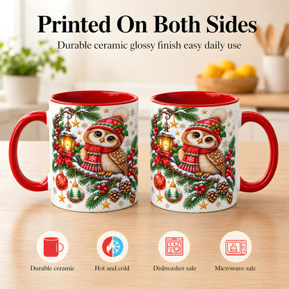 #pl[11oz|Red] Cozy Christmas Owl Coffee Mug, Lantern Owl Mug, Ceramic Cup
