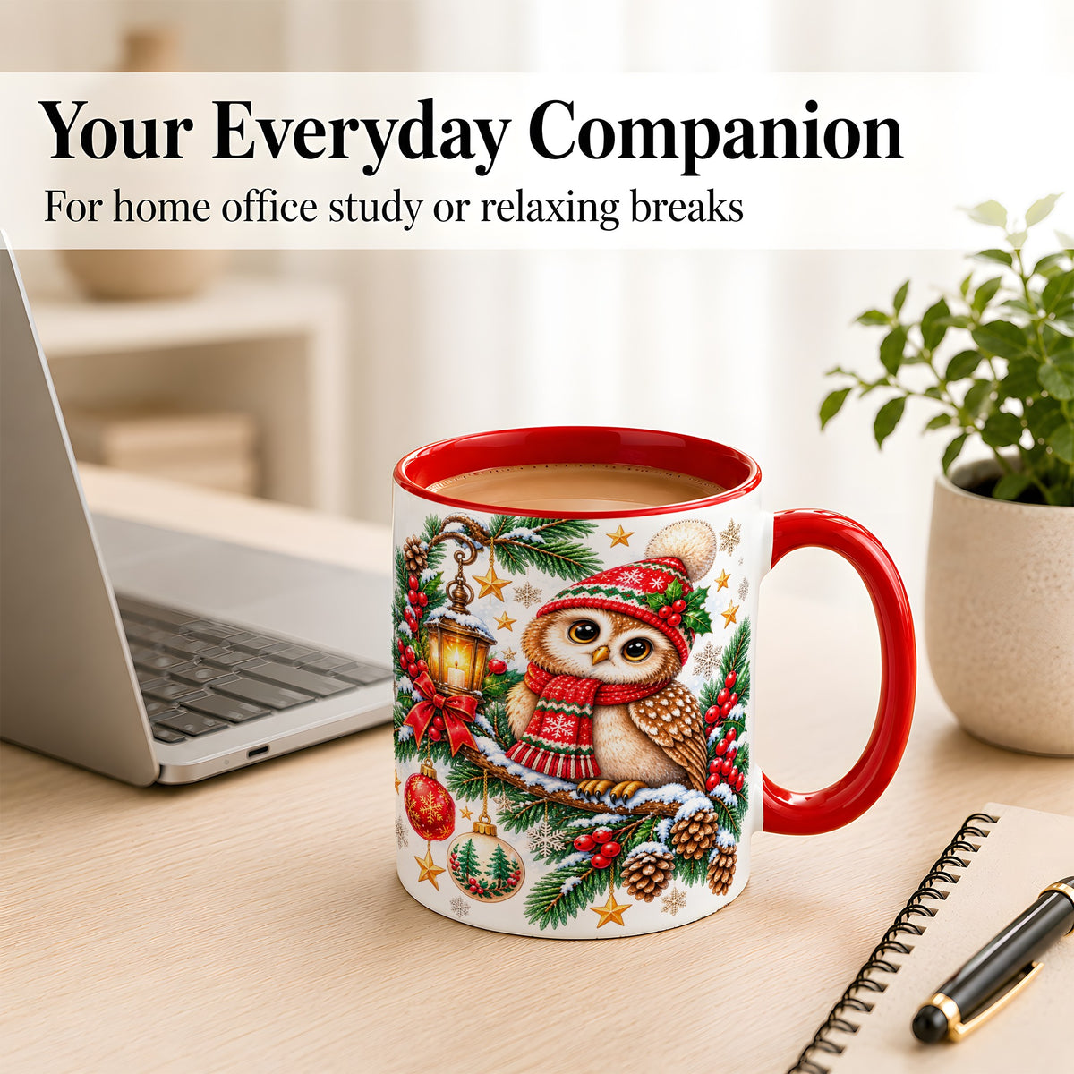 #pl[11oz|Red] Cozy Christmas Owl Coffee Mug, Lantern Owl Mug, Ceramic Cup