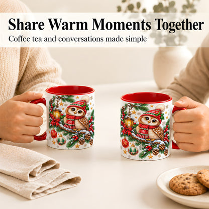 #pl[11oz|Red] Cozy Christmas Owl Coffee Mug, Lantern Owl Mug, Ceramic Cup