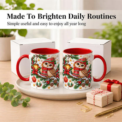 #pl[11oz|Red] Cozy Christmas Owl Coffee Mug, Lantern Owl Mug, Ceramic Cup