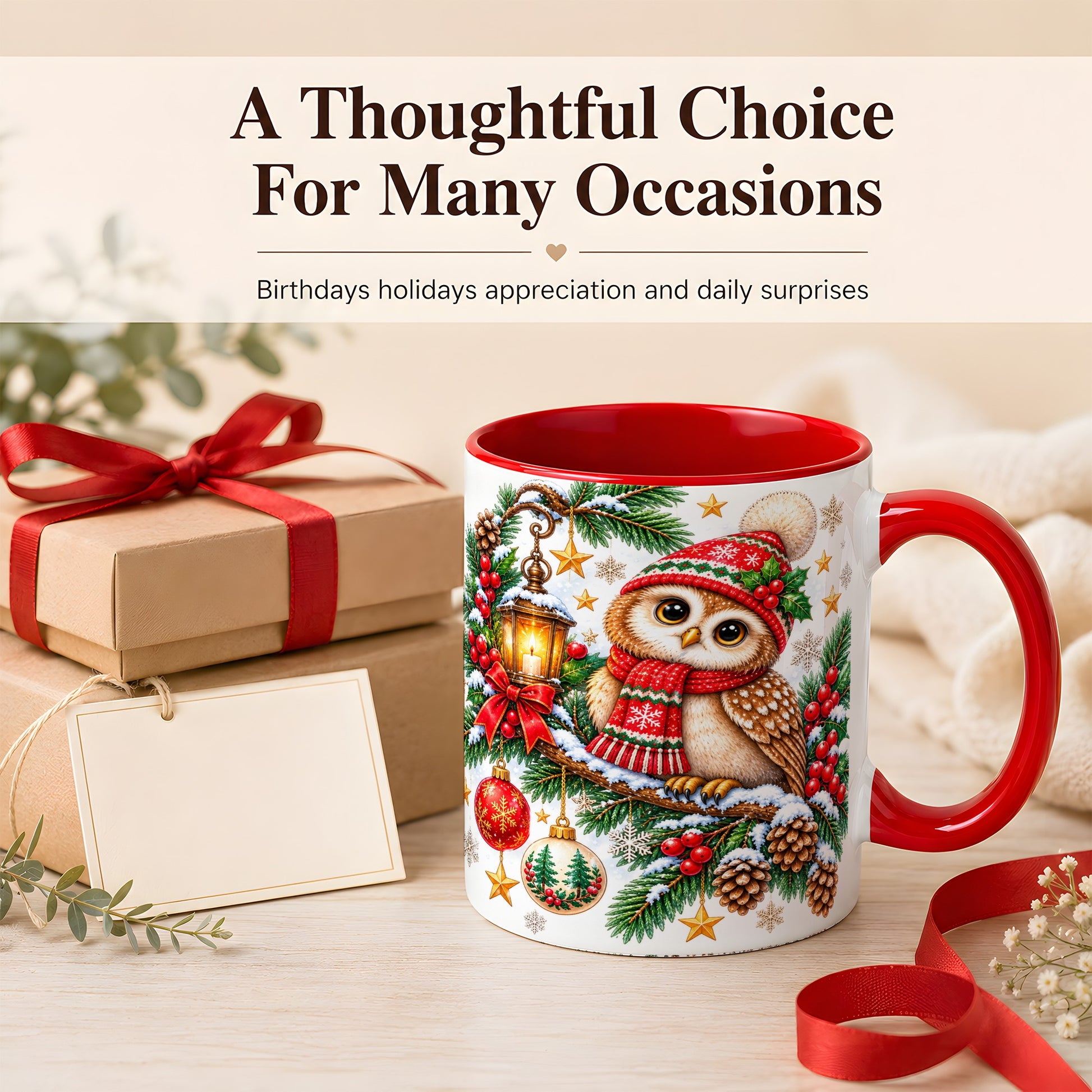 #pl[11oz|Red] Cozy Christmas Owl Coffee Mug, Lantern Owl Mug, Ceramic Cup