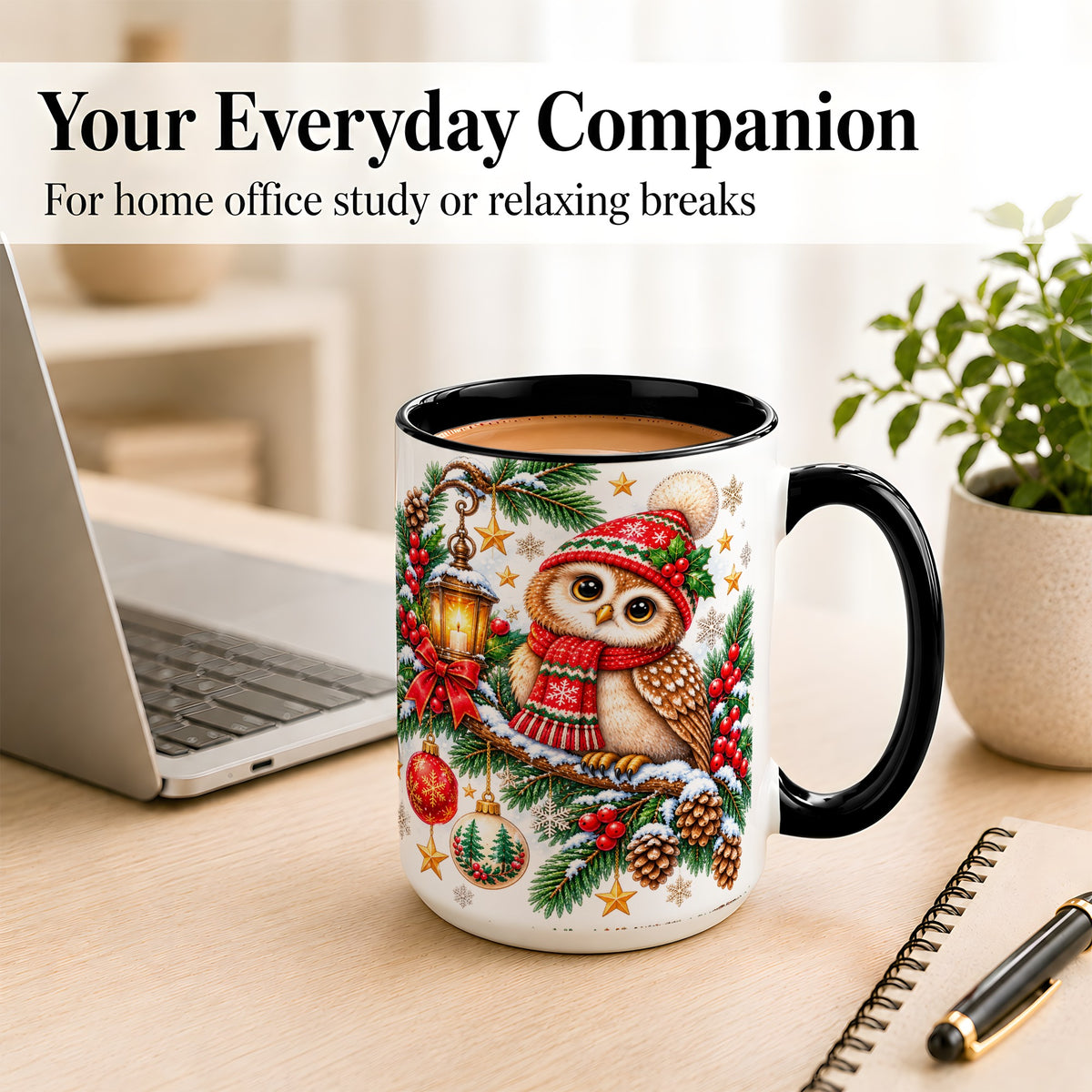 #pl[15oz|Black] Cozy Christmas Owl Coffee Mug, Lantern Owl Mug, Ceramic Cup