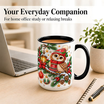 #pl[15oz|Black] Cozy Christmas Owl Coffee Mug, Lantern Owl Mug, Ceramic Cup