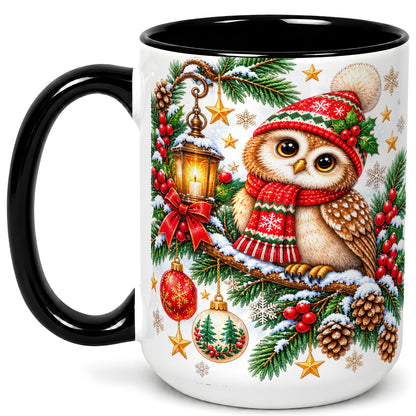 #pl[15oz|Black] Cozy Christmas Owl Coffee Mug, Lantern Owl Mug, Ceramic Cup