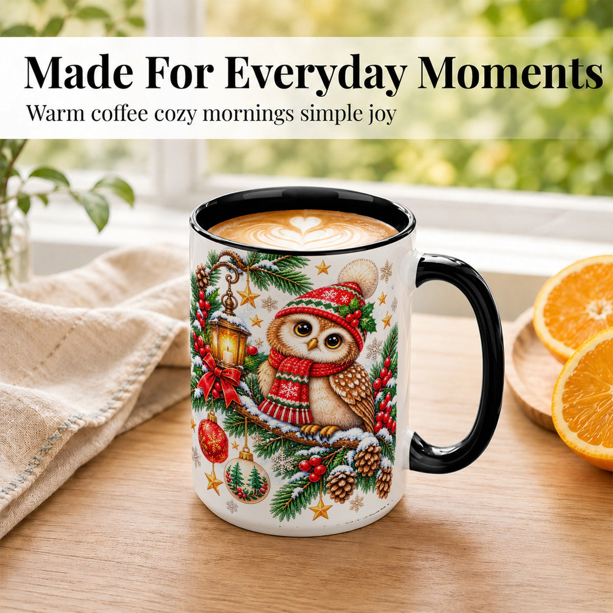 #pl[15oz|Black] Cozy Christmas Owl Coffee Mug, Lantern Owl Mug, Ceramic Cup