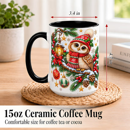 #pl[15oz|Black] Cozy Christmas Owl Coffee Mug, Lantern Owl Mug, Ceramic Cup
