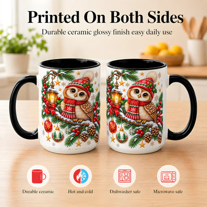 #pl[15oz|Black] Cozy Christmas Owl Coffee Mug, Lantern Owl Mug, Ceramic Cup